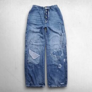 Free People Wide Leg Starving Artist Jeans Women 26 Blue Button Fly Paint Boho
